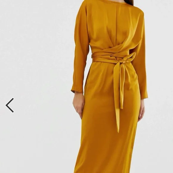 Satin maxi dress with batwing sleeve and wrap waist in mustard
